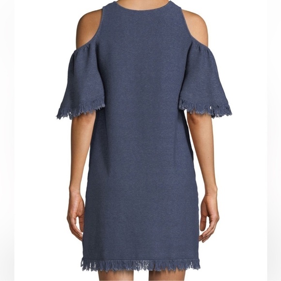 NWT Milly Neiman Marcus Denim-Knit Cold-Shoulder Fringe Dress - Size XS Petite - Picture 6 of 8